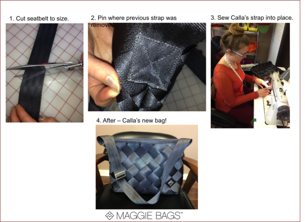 Maggie Bags' designer Callie Konane repurposing Calla's seatbelt that saved her life.